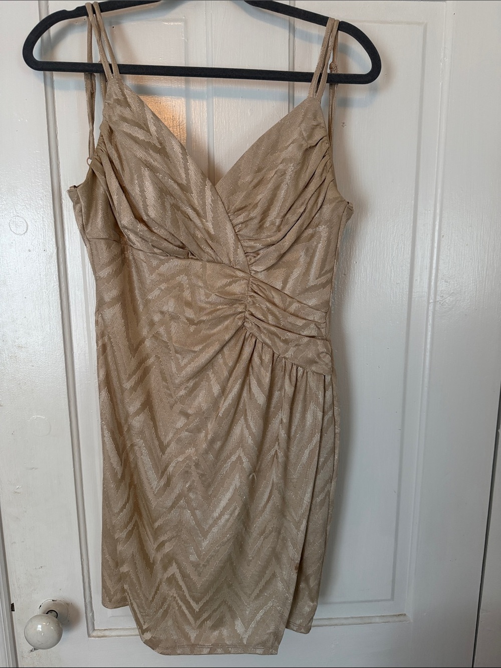 City Studio Champagne Chevron Ruched V-Neck Mini Dress